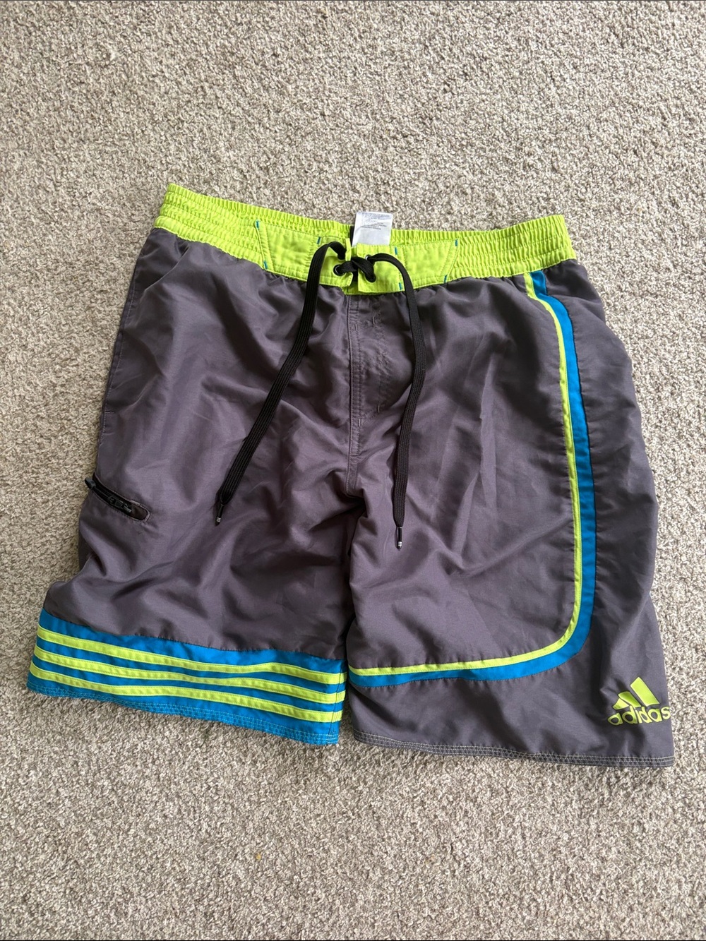 adidas Gray Swim Trunks with Neon Green & Blue Trim